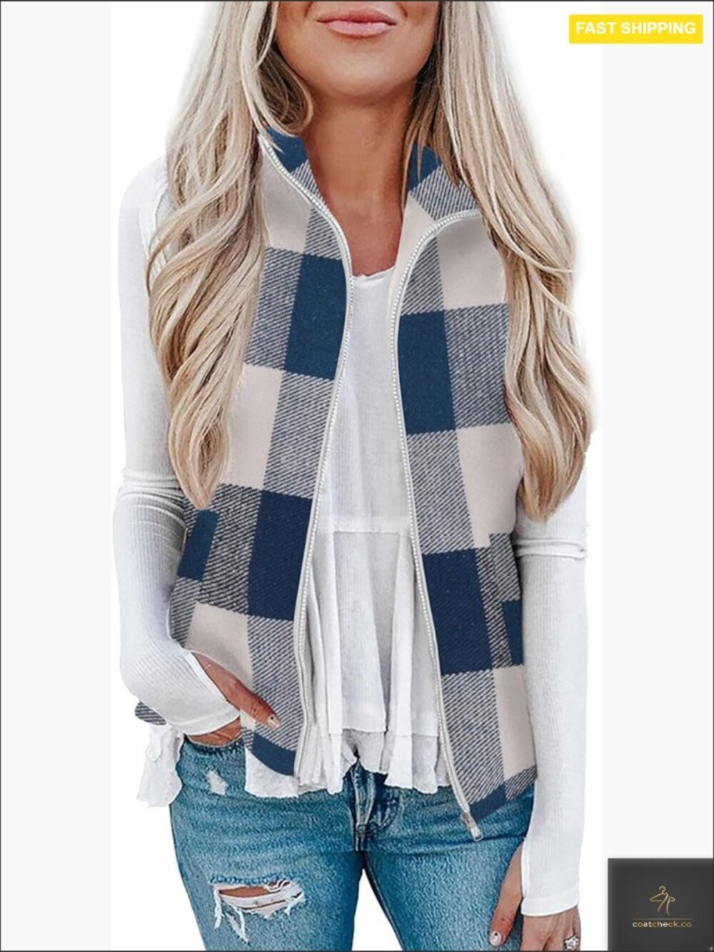 Plaid Sleeveless Jacket Zip Up Collared Casual Regular Fit Quilted Vest